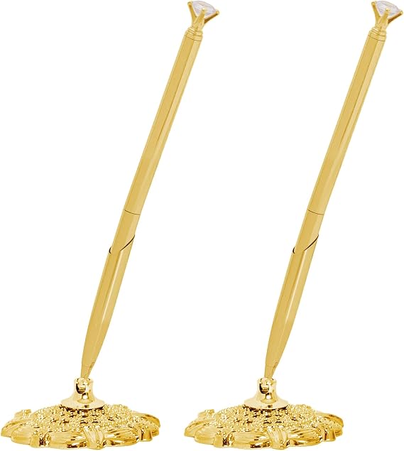 2 Pcs Gold Hollow Round Pen Holder with Diamond Metal Pen Stand Holder Set Signing Pen Set Signing Desk Ballpoint Pens for Guest Book Wedding Birthday Graduation Teacher Office Business