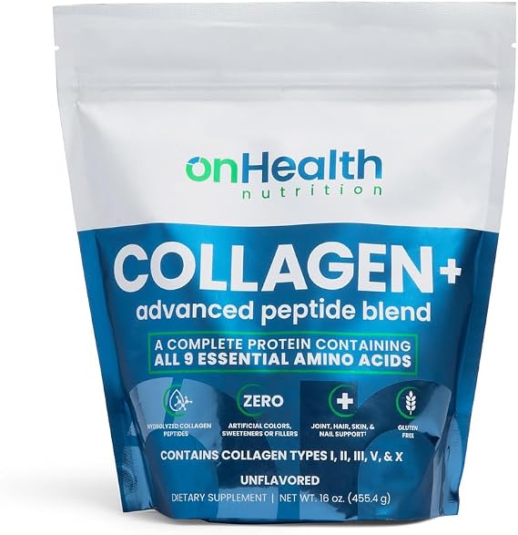 onHealth Multi Collagen Peptide Powder Types I, II, III, V & X Complete Protein with All 9 Essential Amino Acids Biotin, Hyaluronic Acid & Vitamin C Unflavored, EasyMix Collagen for Women & Men