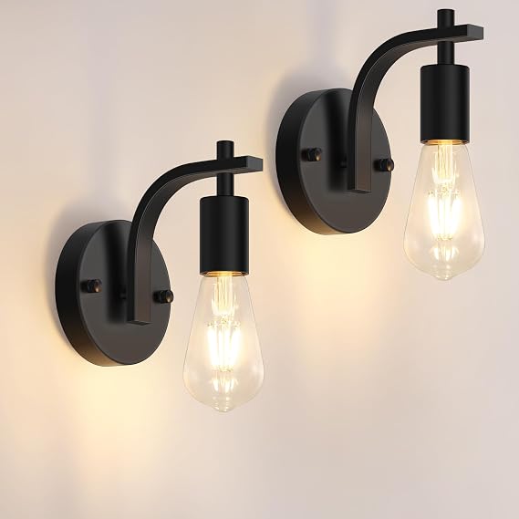 2 Pack Black Industrial Wall Lights, Vintage E27 Wall Lamps, Wall Sconce Lights Metal for Bedroom Living Room Kitchen Hallway (E27 Socket, Bulb Not Included) [Energy Class E]