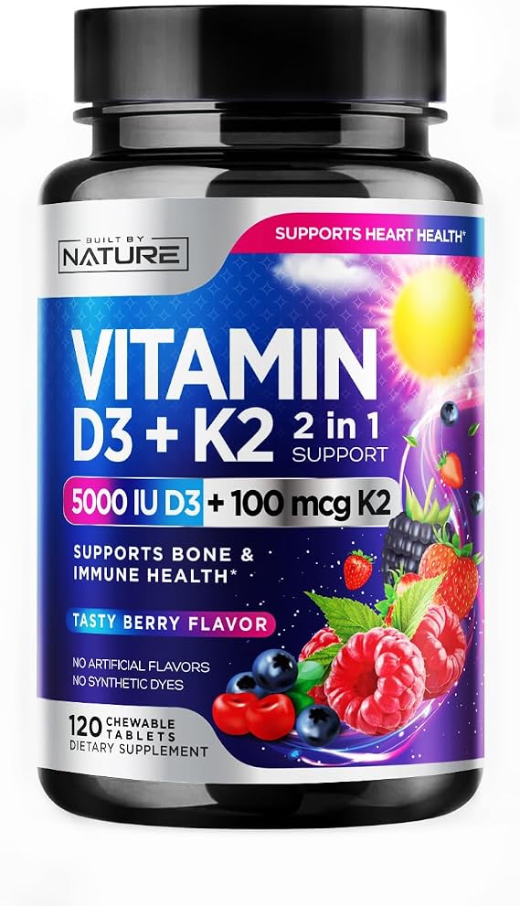 Vitamin D3 K2 Chewable Vitamin D 5000 IU & K2 MK-7 100 mcg 2 in 1 Vitamin D K2 Supplement Chews - Immune, Heart, Bone Support Non GMO - Tasty Berry Flavor - 120 Chewable Tablets