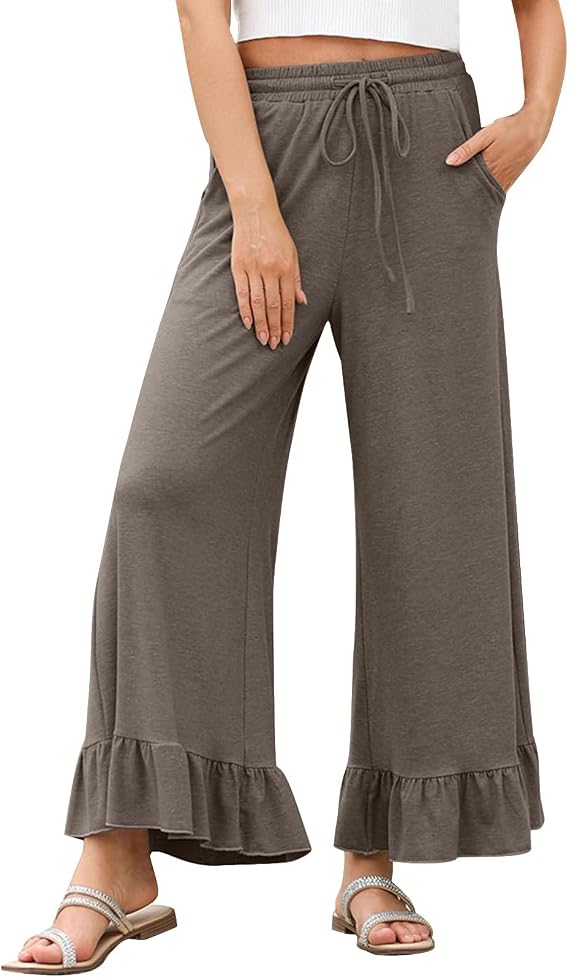 Casual Pants for Women Elastic Waist Drawstring Ruffle Herm Wide Leg Trousers Loose Fit Breathable Summer Pants 2025