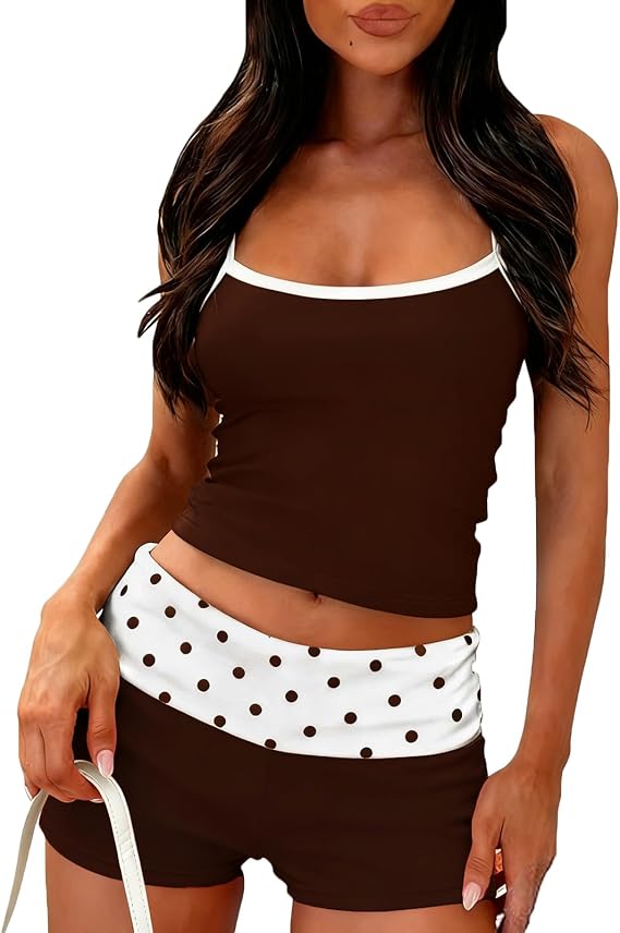 RUEWEY Women 2 Piece Polka Dots Pajama Set Y2k Sleeveless Cami Tank Top and Fold Over Shorts Lounge Set Sleepwear