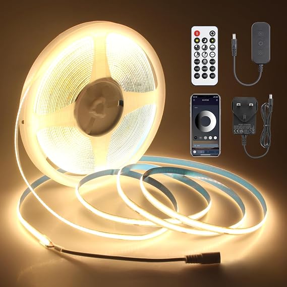 Aclorol 24V COB LED Strip Warm White 3000K 15M Dimmable LED Strip Light with APP Remote Control and Power Supply for Bedroom Kitchen Cabinet DIY Home Decoration CRI90+ 8mm Width 320LEDs/M [Energy Class D]