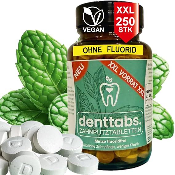 denttabs Toothbrush Tablets 250 Pieces in XXL Glass Mint and Cinnamon Flavour Real Glass to Refill Again and Again (Mint without Fluoride)