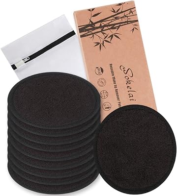 Reusable Makeup Remover Pads Black Washable - 10 Pack Organic Cotton Rounds for Face Eye with Laundry Bag, Facial Cleansing Cloth Towel, Make-Up Removal Wipes for All Skin Types