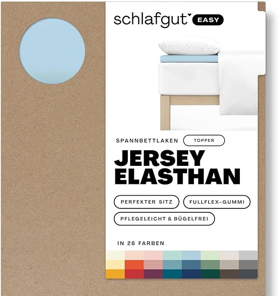 Schlafgut Easy Jersey Elastane Topper Fitted Sheet 120 x 200 to 130 x 220 cm Blue Light Fitted Sheet Made of Super Soft Cotton with Elastane Flat sheet fitted sheet 130 x 200 130 x 220 cm blue topper up to 10 cm base cotton elastane Oeko-Tex