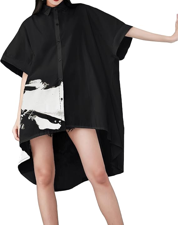 ellazhu Women's Oversized Button Down Shirt Dresses Batwing Sleeves High Low Top for Summer GY1827 A