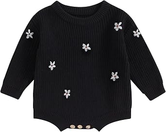 Qiylii Infant Baby Girl Flower Knit Sweater Romper Crewneck Long Sleeve Pullover Sweatshirt Onesie Fall Winter Clothes