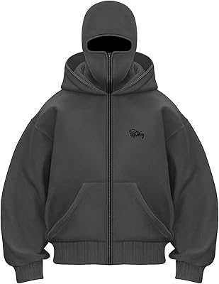 Mens Balaclava Hoodie Windproof Warm Zip Jacket with Pockets Solid Color Outdoor Athletic Sweatshirt Streetwear
