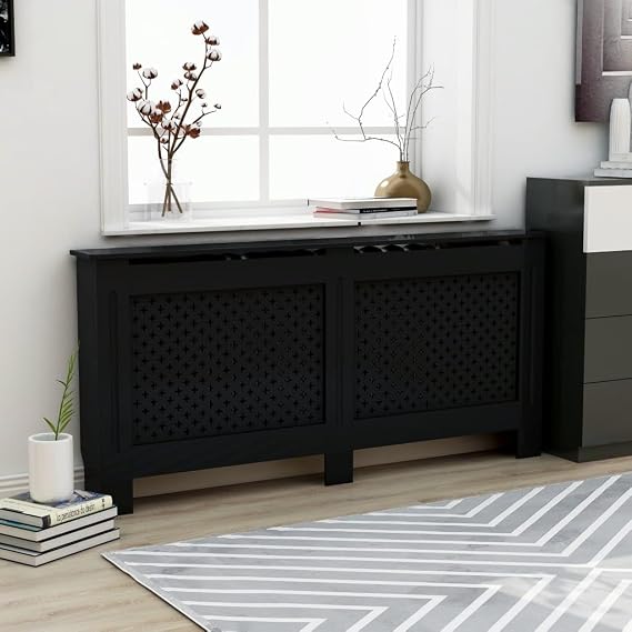 Gecheer Radiator Cover, Decorative MDF Cabinet Shelf with Honeycomb Pattern, 67.7inx7.5inx32.1in, Black, for Living Room Bedroom Bathroom Kitchen