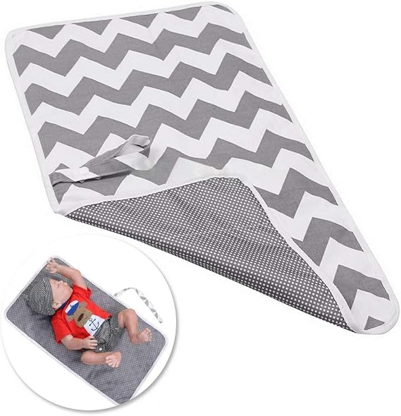 Nappy Changing Mat, Foldable Diaper Pad Waterproof Travel Changing Mat with Gray Waves for Home Travel Outside（60 * 35 cm /23.62 * 13.77 in) | Washable Cotton Surface, Waterproof Layer, Padded Comfort, Foldable With Carry Handle, 60 x 35 Cm For Home Or Travel