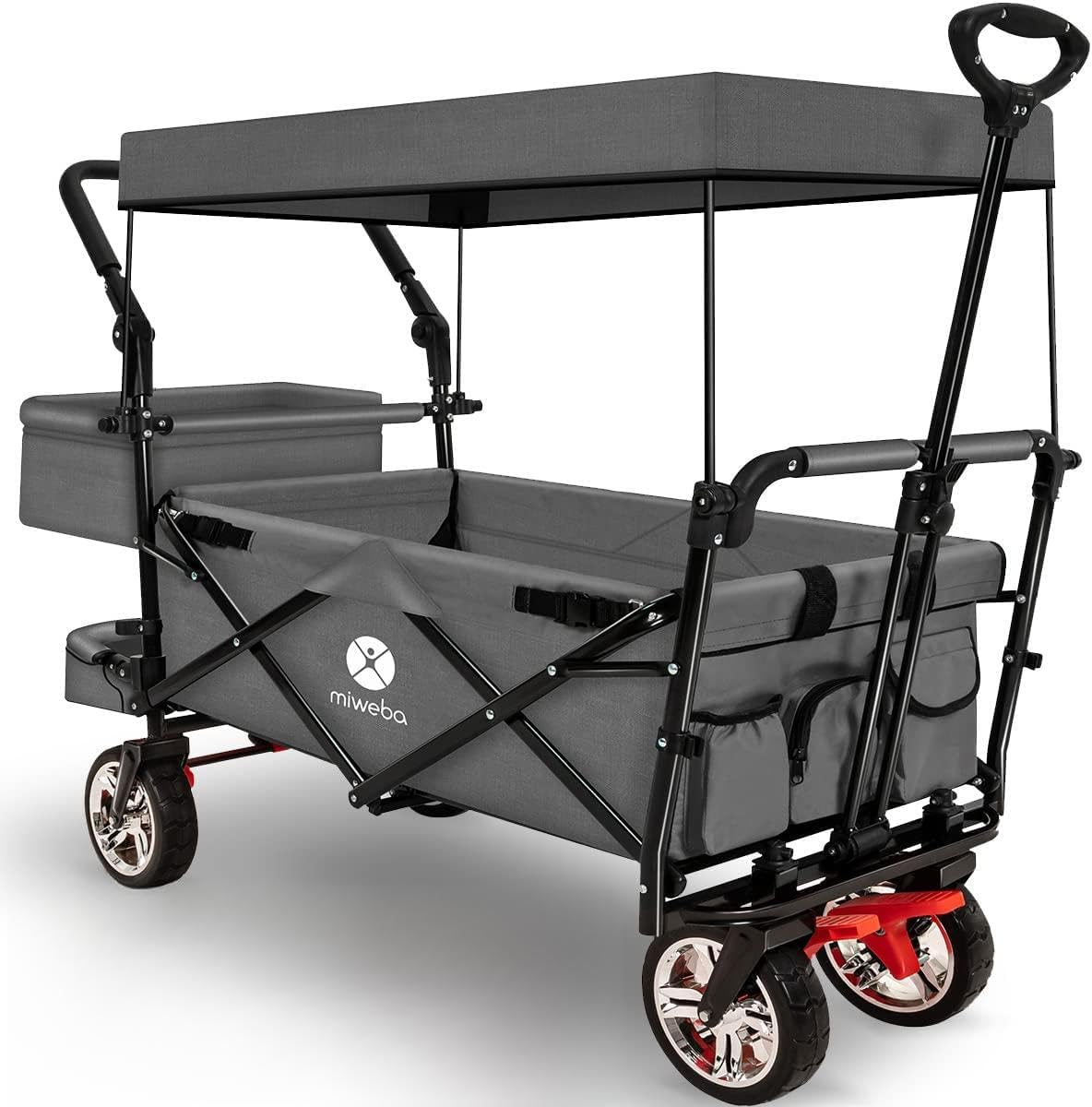 Miweba Folding Handcart for Children Brake Roof Wide Tire Transport Bag Foldable UV Resistant Handcart Foldable