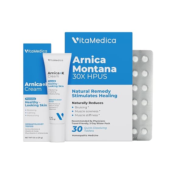 VitaMedica Arnica Filler Kit - Tablet Blister Pack + Topical Cream Bundle | Arnica Montana 30X Tablets + Vitamin K Cream, Softens, Calms, Moisturizes & Restores Bruised Skin