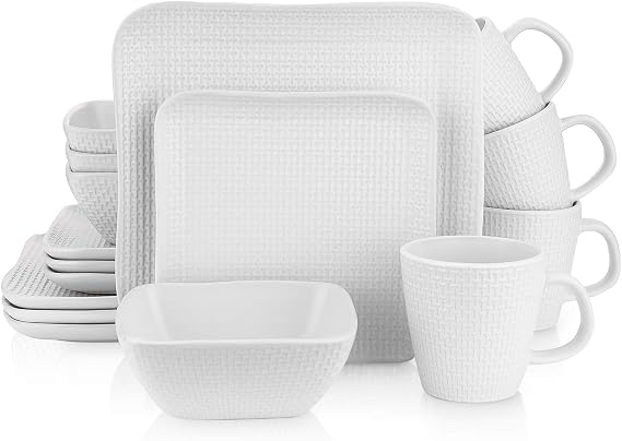 Stone Lain 16 Piece Stoneware Square Weave Dinnerware Set, Service for 4, White