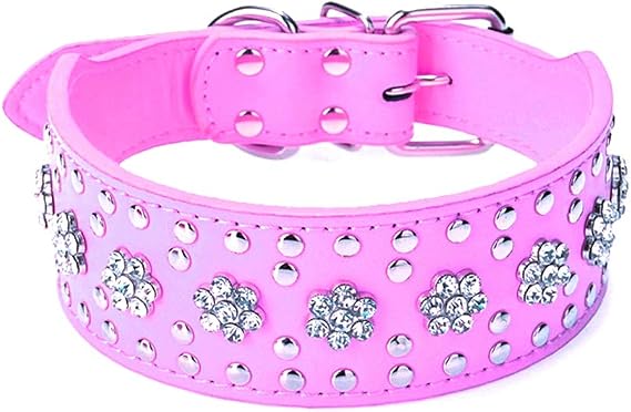Rhinestones Dog Collars Flower Pattern Rhinestone Studded Leather Sparkly Crystal Diamonds Dazzling Sparkling Elegant Fancy PU Leather Dog Collar for Medium & Large Dogs(Hot Pink,M)