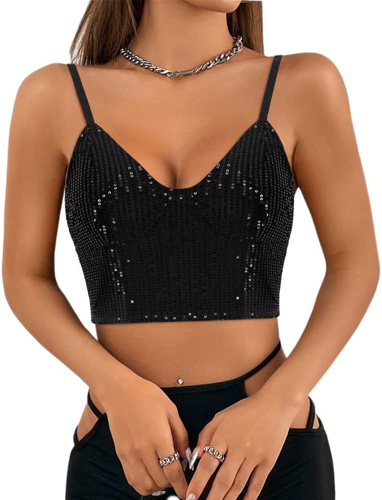 Haoohu Womens Sparkly Sequin Spaghetti Strap Crop Top Sleeveless V Neck Rave Tank Vest Clubwear