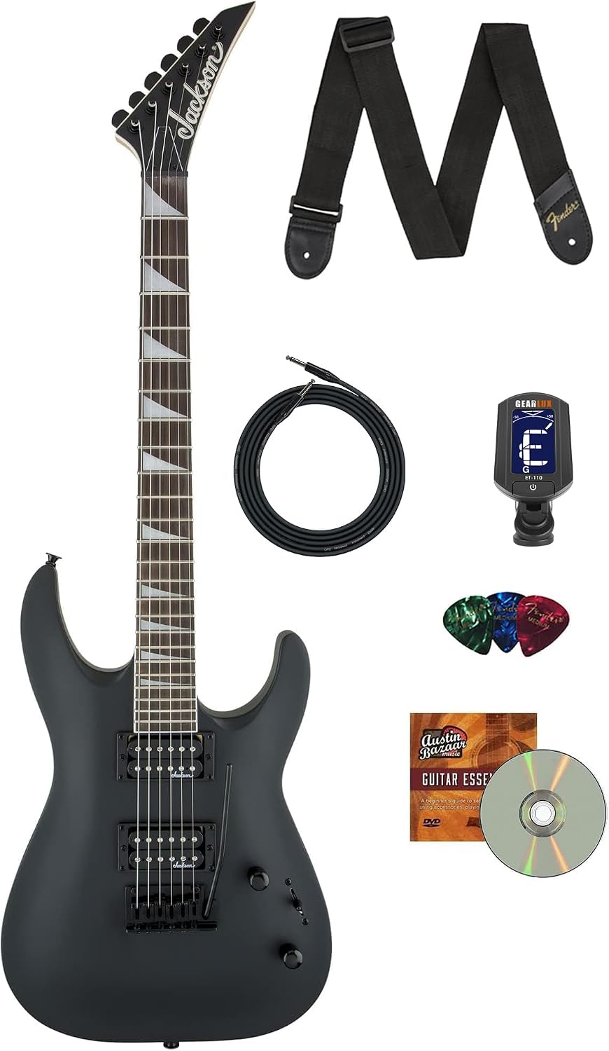 Jackson Dinky Arch Top JS22 DKA Electric Guitar - Satin Black Bundle with Cable, Tuner, Strap, Pick, Austin Bazaar Instructional DVD..