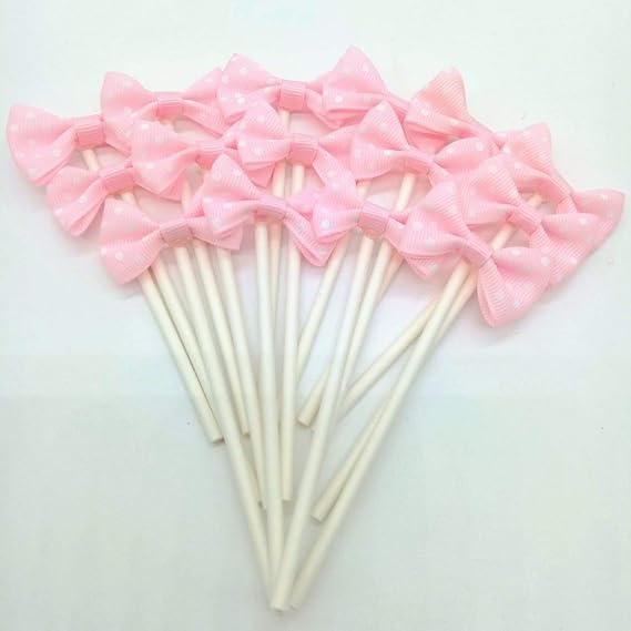 Paity Pink Cake Toppers, Set of 20 - Bowknot Party Supplies for Birthday, Wedding, Baby Shower - Food-Grade Material, Paper Stick, 3.94x0.71 inches, Non-Edible Decorative Cupcake Toppers