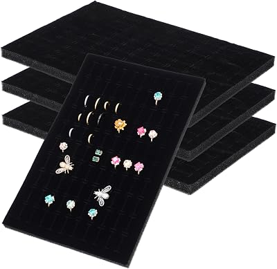 FAVOMOTO 4pcs Earring Storage Box Liners Black Sponge Pads Jewelry Organizer Inserts for Rings and Earrings Stackable Protective Display Tray for Dresser