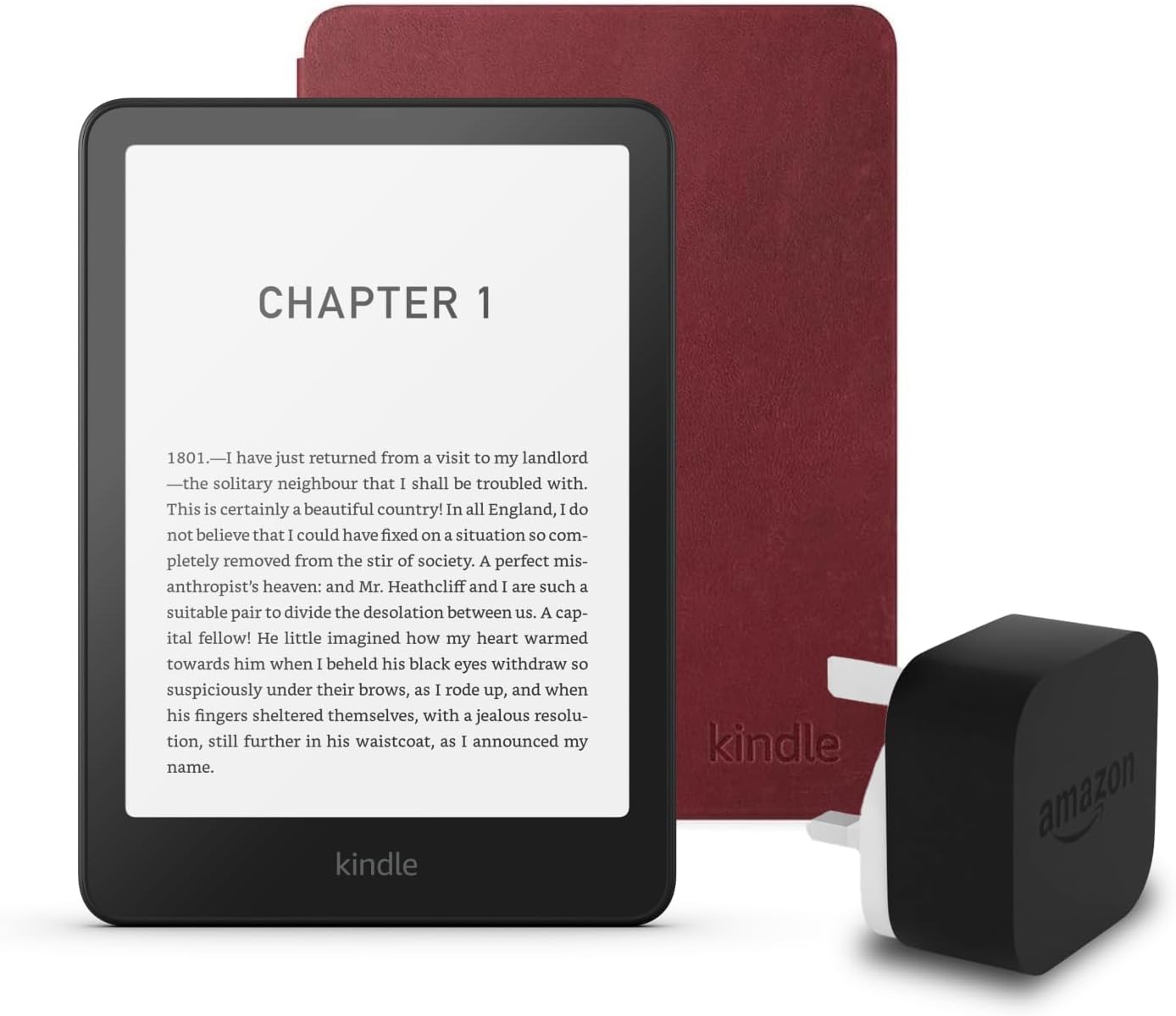 Kindle Paperwhite (2024 Release) 16 GB without ads, an Amazon Premium Leather Cover and an Amazon Powerfast 9W Power Adapter