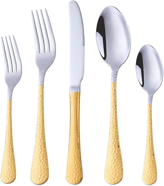 BuyGo 20-Piece Silverware Set, Hammered Design Flatware Dinnerware Sets, Stainless Steel Tableware Eating Utensils Service for 4, Gold Handle