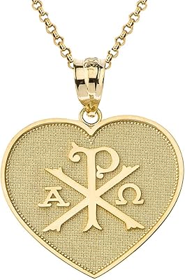 Exquisite 10k Gold Chi Rho Alpha Omega Symbol Heart Shaped Pendant Necklace