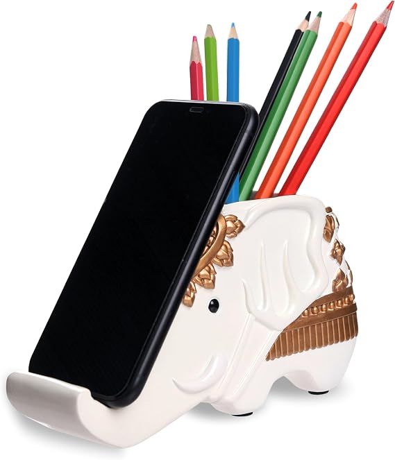 Elephant Phone Stand and Desk Organizer Multi-Purpose Ceramic Holder for Smartphone, Pens, Remote, Home Office or Living Room Decor, Decorative Thai Elephant Design, Elegant Gift Idea for Any Room.