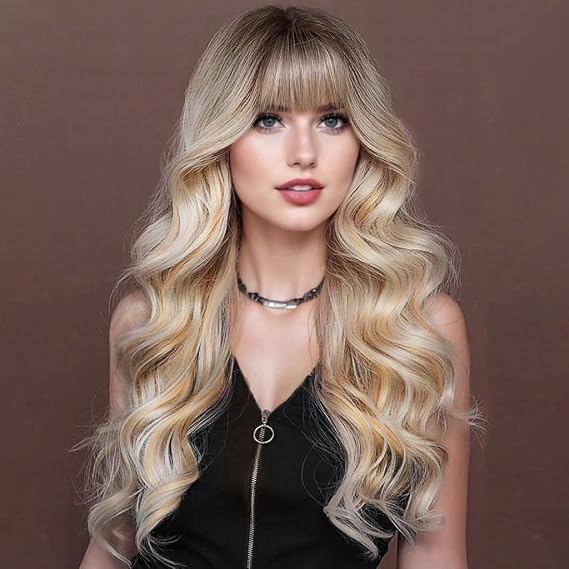 Lativ Ombre Blonde Wig for Women Wig With Bangs Long Curly Wavy Synthetic