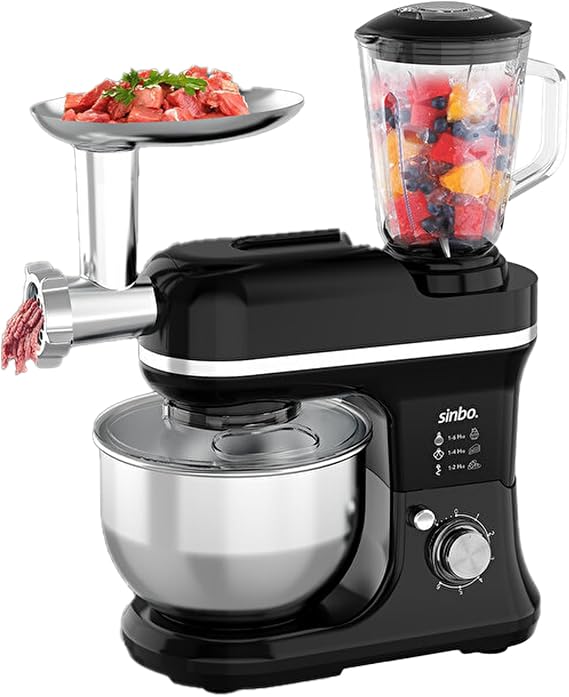 Sinbo SMX-2772 1200 W 3in1 Mutfak Şefi, 5 L Paslanmaz Çelik Hazneli Hamur Yoğurma Makinesi, Kıyma Aparatı ve Sürahi Blender