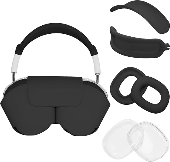 Aiivioll for AirPods Max Smart Case with 4-in-1 Cover Set, Soft Leather Case, Silicone Ear Pad/Ear Cup/Headband Covers (Black, TPU)