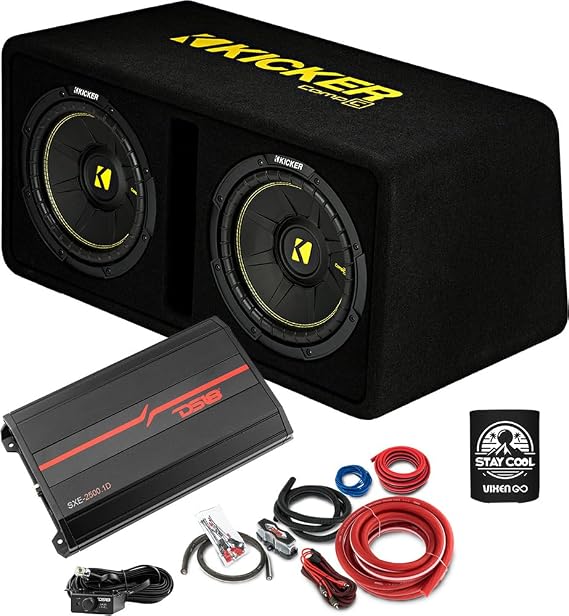 KICKER Subwoofer and Amp Package of 3 Items - 12" CompC Vented 1600 Watt Dual Sub Enclosure, DS18 Class D Monoblock Amplifier, and Complete 4AWG Wiring Kit 50DCWC122+SXE-2500.1D/BK+AMPKIT4