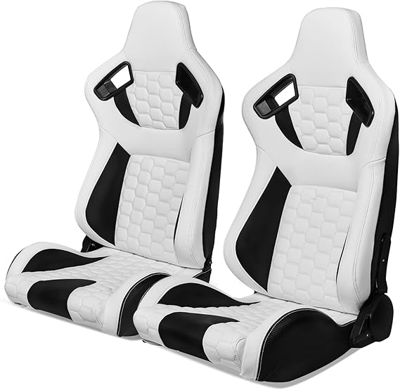 Universal Racing Seats with Dual Sliders White & Black PU | IKON MOTORSPORTS, Reclinable Carbon Leather with Hexagonal Quilting Sport Bucket Seats, 1 Pair Driver + Passenger Side