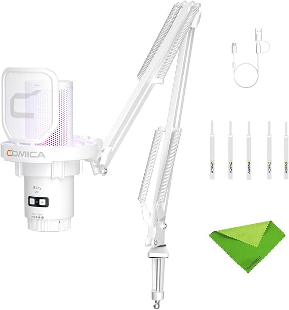 comica EJoy Uni (A)-White USB Microphone for Computer and Smartphone,48Khz/24Bit RGB Cardioid Condenser Gaming Mic for Podcasting,Streaming,Recording,Music Creation,with Boom Arm Stand