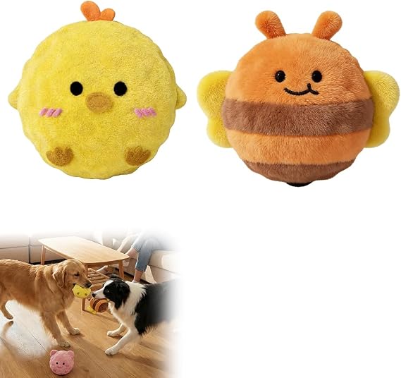 2 PCS Plush Spiky Ball Dog Toy, 2026 New Interactive Dog Toys, Jumping Squeaky Chew Toy Ball with Soft Durable Fabric for Small Medium Large Dogs Puppy Teething Toys (Yellow+Brown)