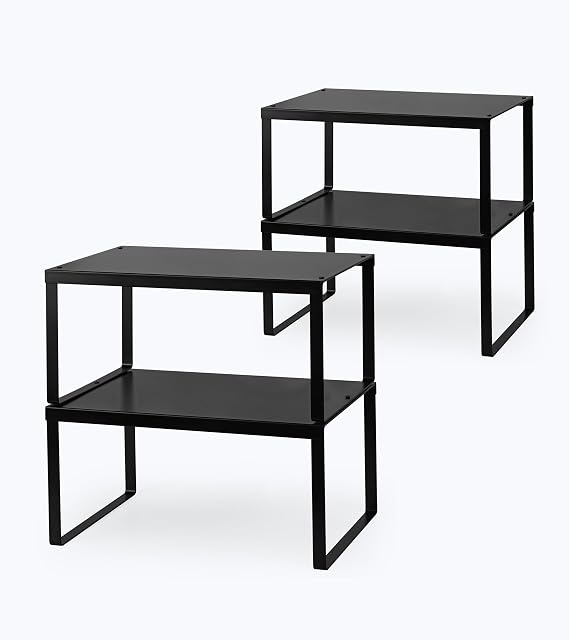 JEPEErbz Kitchen Cupboard Organiser, 4-Pack Cabinet Storage Shelf Organizer Rack, Metal Expandable Spice Holder, Stackable Storage Shelves for Cupboard, Shelf Insert, Countertop,Pantry (Black)