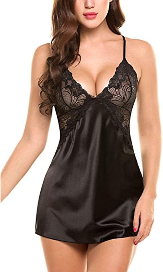 Women's Nightgowns Sexy Lace Night Gown Satin Deep V-Neck Chemise Classic Sikly Nightgowns Sleep Dress Nighty