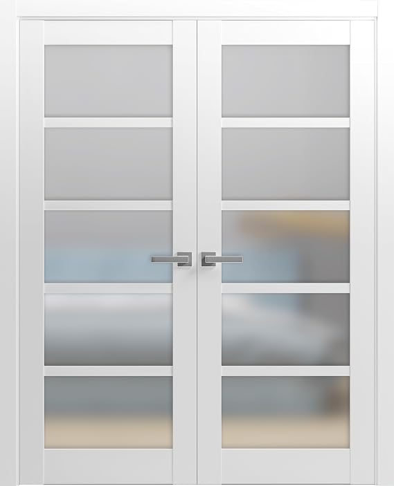 SARTODOORS Quadro 4002 | Double Swing Interior French Doors with Glass with Frosted Glass, MDF, Hardware Included, 64x84, White, Modern