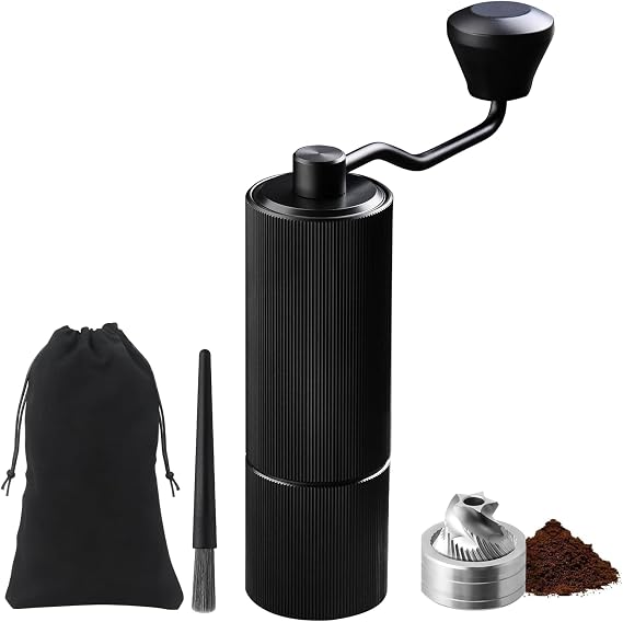Precision Manual Coffee Grinder – Stainless Steel Burr & Shaft, Dual Bearings, Aluminium Body & Handle with ABS Support Frame, Adjustable Grind & Portable Travel Pouch – Black