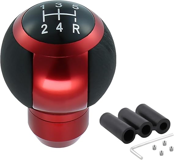 5 Speed Gear Shifter Manual Shift Knob Handle Round Ball Red | Leather Transmission Stick Universal Cars Truck SUV Vehicles Decoration Cool Funny Novelty Unique Aluminum Alloy Accessories