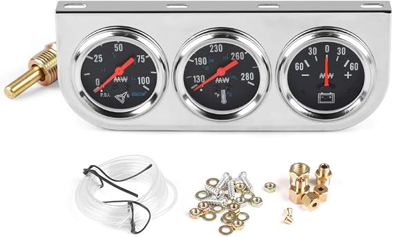 2" 52mm Chrome Panel 3in1 Car Meter Oil Pressure Fahrenheit Water Temp Ammeter Triple Gauge Kit Set Black Face
