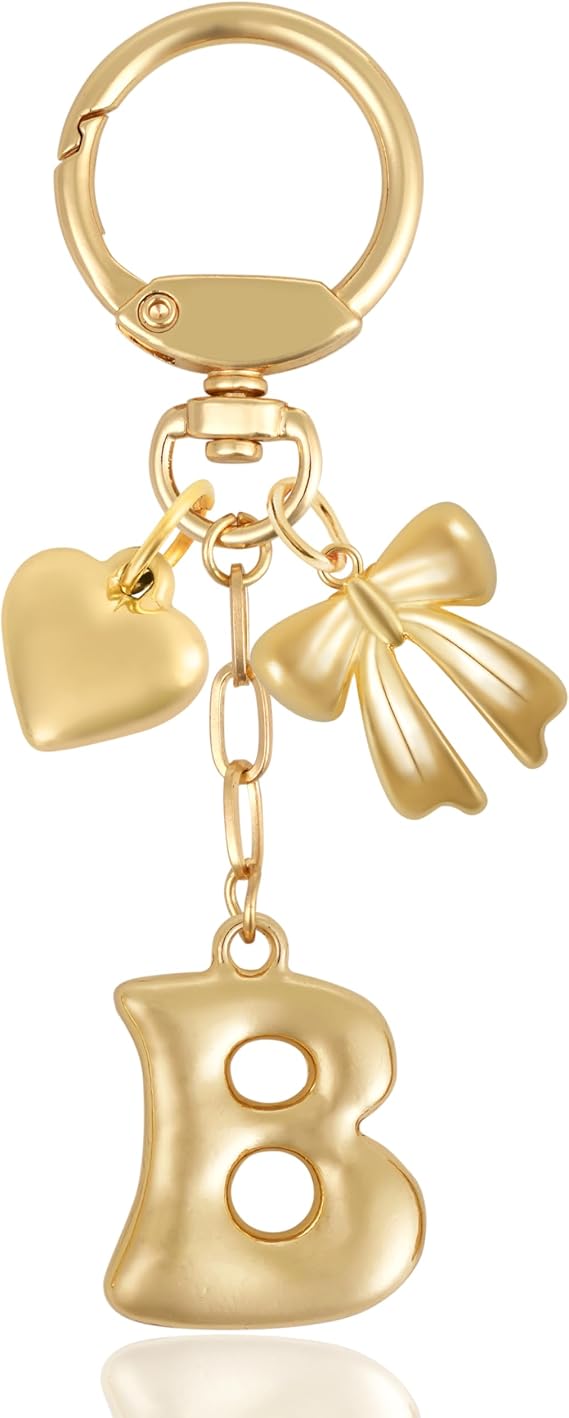Gold Bubble Letter Keychain with Heart and Bow