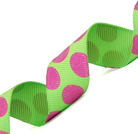 Morex Ribbon Sugar Dots Glitter Grosgrain Ribbon, 7/8-Inch by 20-Yard, Lime/Hot Pink (98805/20-502)