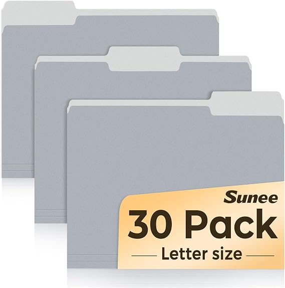 SUNEE File Folders, 30 Pack Manilla Folders 8.5 x 11, Colored File Folders Home Office School Supplies for Documents Files Paper, Gray