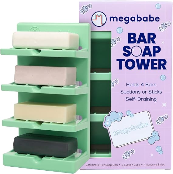 Megababe 4-Tier Bar Soap Tower | Holds 4 Bars | Suctions or Sticks | Self-Draining