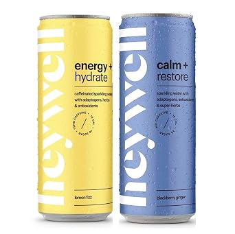 Heywell Sparkling Adaptogenic Water - Lemon Fizz and Blackberry Ginger Flavors (24 Total Cans - 12 of Each Flavor)