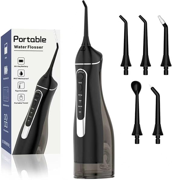 Cordless Portable Water Flosser with 300ML Tank: Rechargeable Oral Irrigator with 5 Tips for Travel, Braces Care and Sensitive Gums, IPX7 Waterproof Teeth Cleaning Device(Black)
