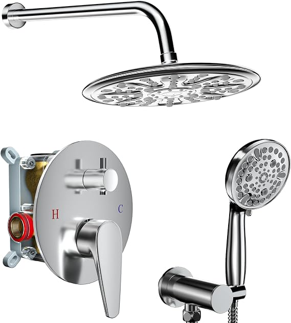 Rainfall Shower System Wall Mounted for Bathroom,10-Setting Rain Shower Head System,High Pressure Shower Faucets Sets Complete with Handheld Sprayer and Valve,Polished Chrome
