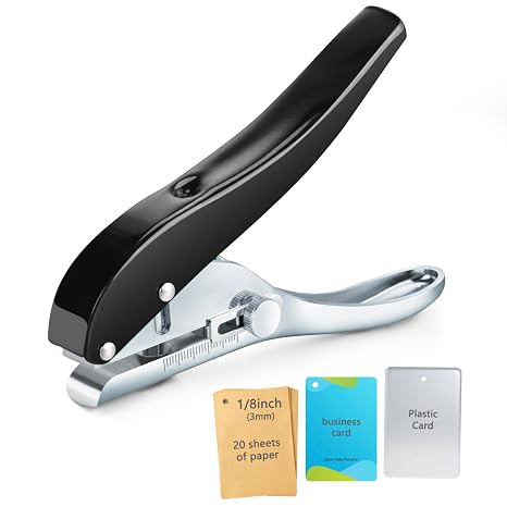 Heavy Duty Single Hole Punch - Winlion 3mm (1/8") Long Reach one Hole Tag Puncher with Adjustable Hole Spacing, Portable Handheld Design for Luggage Tags, Cards & Paper Crafts
