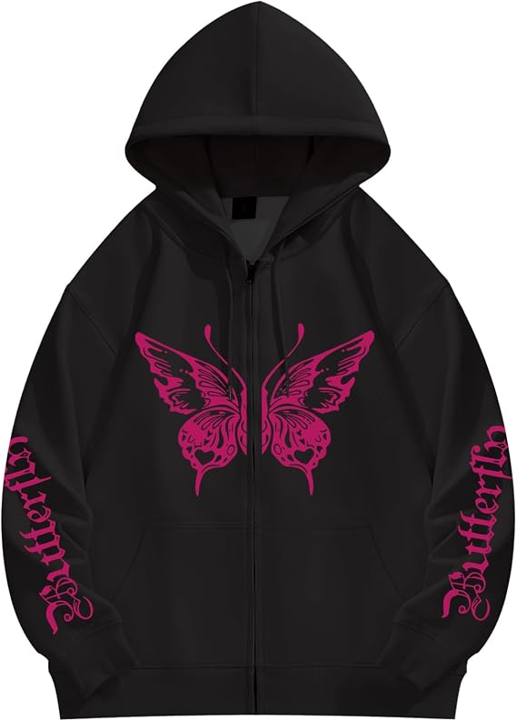 KEEVICI Butterfly Sweatshirts for Women Aesthetic Goth Streetwear Hoodies Gothic Y2k Graphic Oversized Cotton Zipper Hoodie