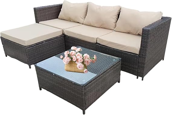Garden Corner Sofa Furniture, 4-Seater All-Weather Rattan Corner Sofa Set w/Tempered Glass Coffee Table,Ottoman - L-Shaped Patio Garden Furniture (Brown Rattan+Light Brown Cushion)-YXL-2